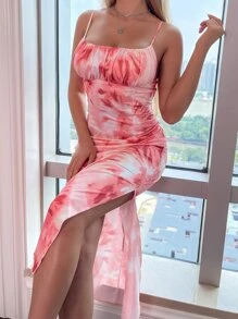 D&M 胸部褶皺高衩紮染吊帶連衣裙