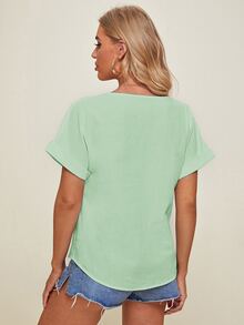 SHEIN V-neck Cuffed Sleeve Button Placket Blouse - Mint Green - View 2