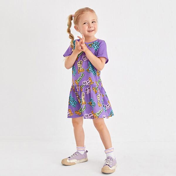 

Toddler Girls Cartoon & Slogan Graphic Ruffle Hem Dress, Violet purple