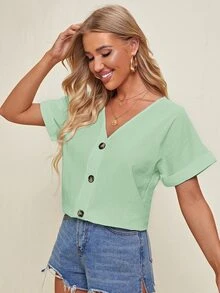 SHEIN V-neck Cuffed Sleeve Button Placket Blouse - Mint Green - View 3