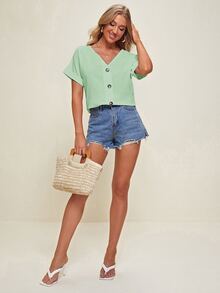 SHEIN V-neck Cuffed Sleeve Button Placket Blouse - Mint Green - View 4