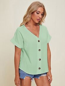 SHEIN V-neck Cuffed Sleeve Button Placket Blouse - Mint Green - View 5