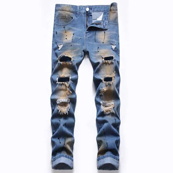

Guys Splash Print Ripped Jeans, Medium wash
