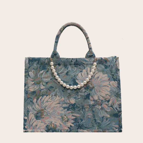 

Graphic Faux Pearl Decor Satchel Bag, Blue