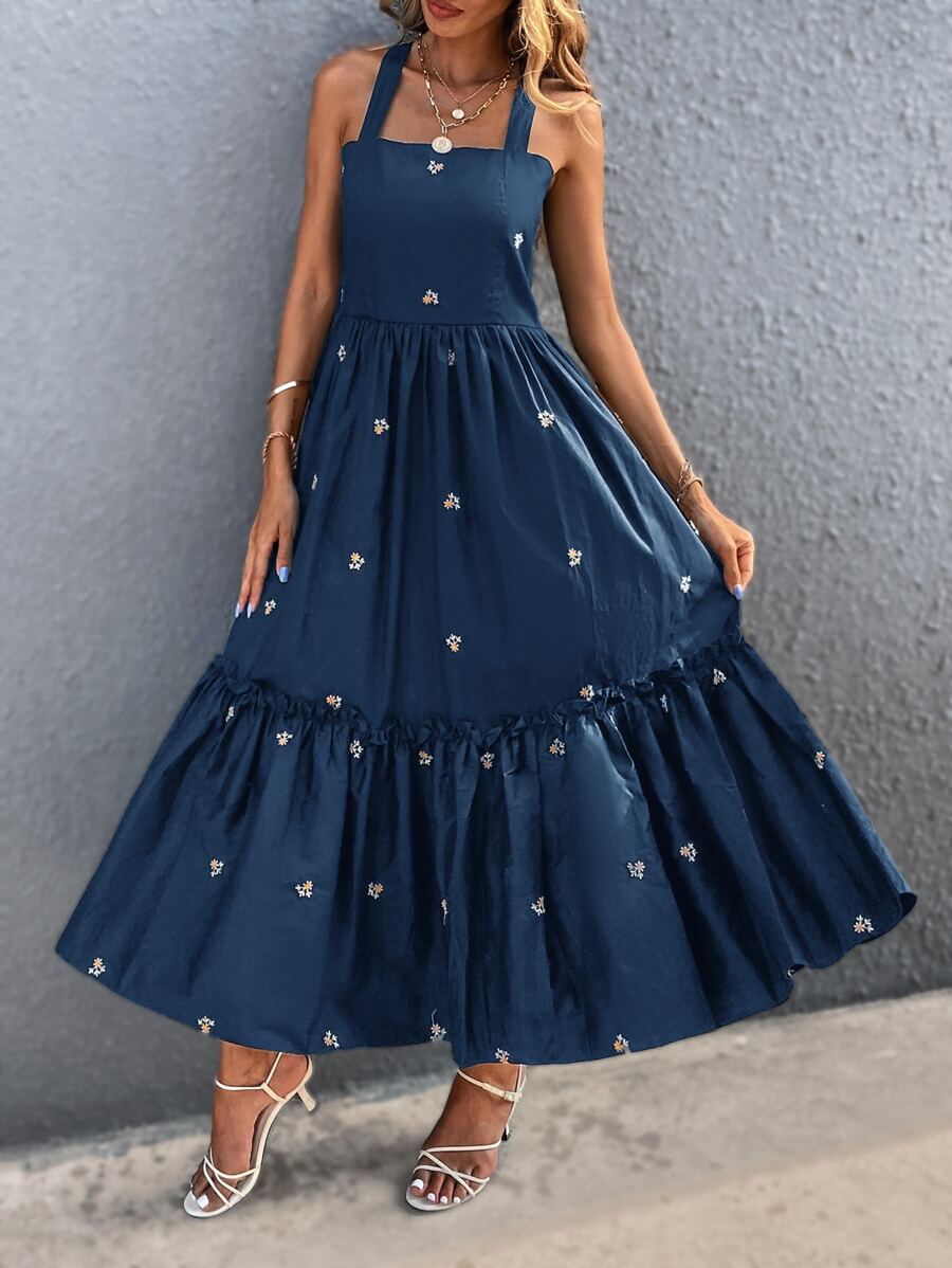 SHEIN Unity Ruffle Hem Floral Embroidery Cami Dress - Navy Blue - View 1