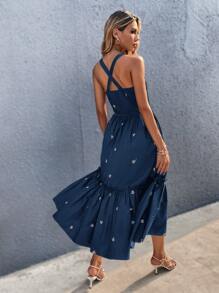 SHEIN Unity Ruffle Hem Floral Embroidery Cami Dress - Navy Blue - View 2