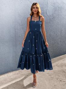 SHEIN Unity Ruffle Hem Floral Embroidery Cami Dress - Navy Blue - View 3