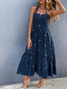 SHEIN Unity Ruffle Hem Floral Embroidery Cami Dress - Navy Blue - View 5