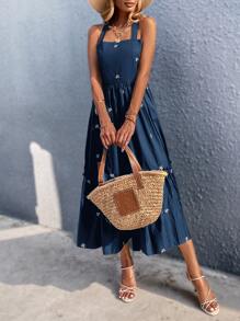 SHEIN Unity Ruffle Hem Floral Embroidery Cami Dress - Navy Blue - View 6