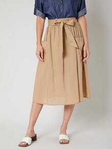 SHEIN Linen Flowy Belted Skirt - Khaki - View 1