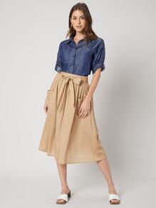 SHEIN Linen Flowy Belted Skirt - Khaki - View 3