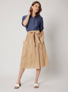 SHEIN Linen Flowy Belted Skirt - Khaki - View 4