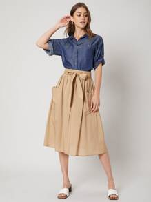 SHEIN Linen Flowy Belted Skirt - Khaki - View 5