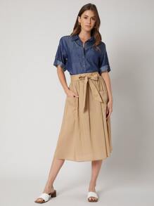 SHEIN Linen Flowy Belted Skirt - Khaki - View 6