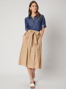 SHEIN Linen Flowy Belted Skirt - Khaki - View 7
