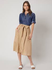 SHEIN Linen Flowy Belted Skirt - Khaki - View 9