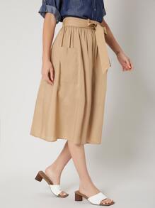 SHEIN Linen Flowy Belted Skirt - Khaki - View 10