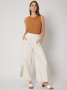 SHEIN Unity LINEN WIDE LEG TROUSERS - Beige - View 3