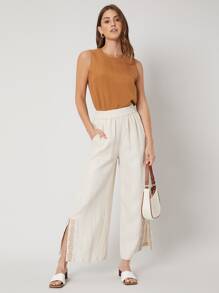SHEIN Unity LINEN WIDE LEG TROUSERS - Beige - View 7