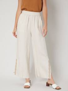 SHEIN Unity LINEN WIDE LEG TROUSERS - Beige - View 8