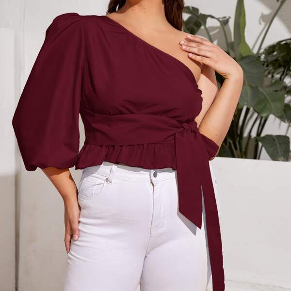 

Plus One Shoulder Bishop Sleeve Belted Blouse, Red