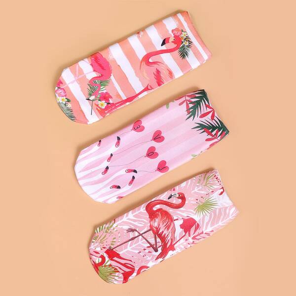

3pairs Girls Flamingo Print Socks, Multicolor