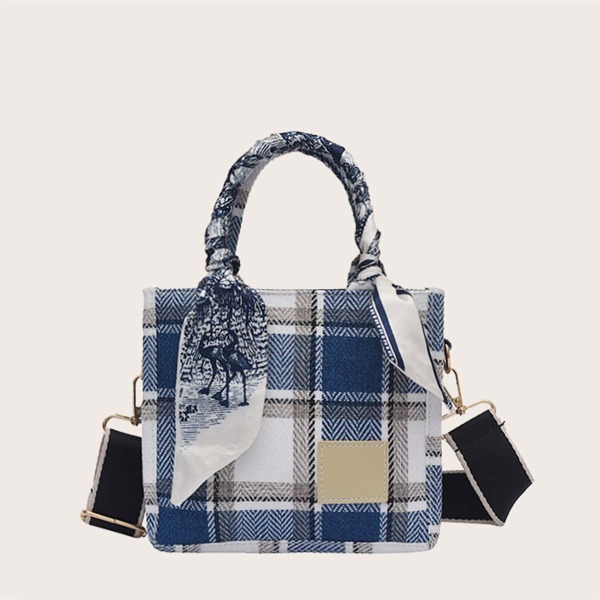 

Plaid Pattern Scarf Decor Satchel Bag, Blue