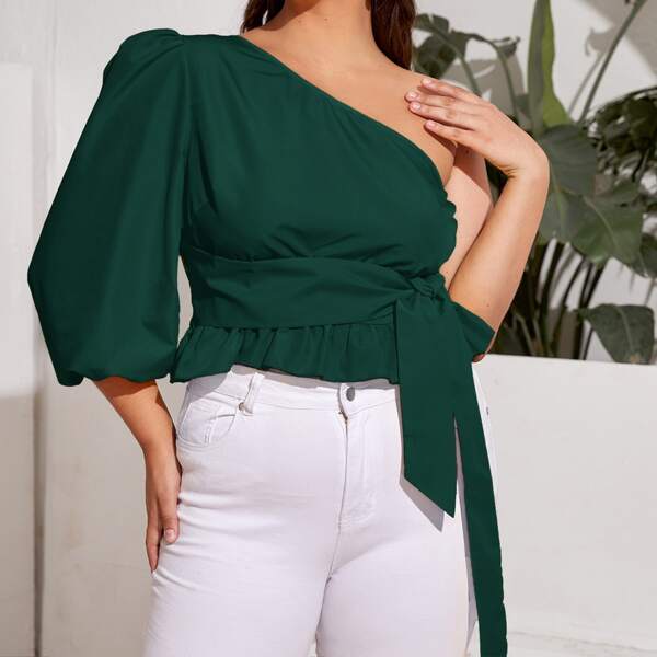 

Plus One Shoulder Bishop Sleeve Belted Blouse, Dark green
