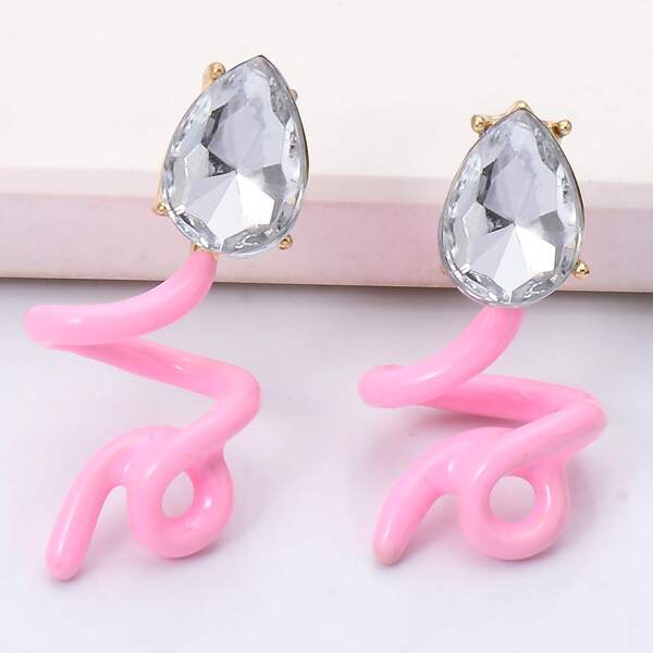 

Water-drop Rhinestone Decor Structured Earrings, Pink