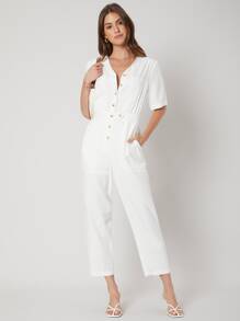 SHEIN Unity Linen Capris Shirt Jumpsuit - White - View 5