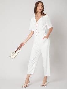SHEIN Unity Linen Capris Shirt Jumpsuit - White - View 6