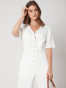 SHEIN Unity Linen Capris Shirt Jumpsuit - White - View 7
