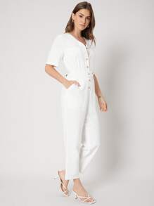 SHEIN Unity Linen Capris Shirt Jumpsuit - White - View 10