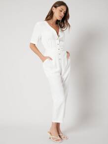 SHEIN Unity Linen Capris Shirt Jumpsuit - White - View 11