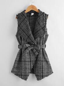 SHEIN 女孩大翻領腰帶粗花呢花呢外套 - 黑與白 - 查看 1