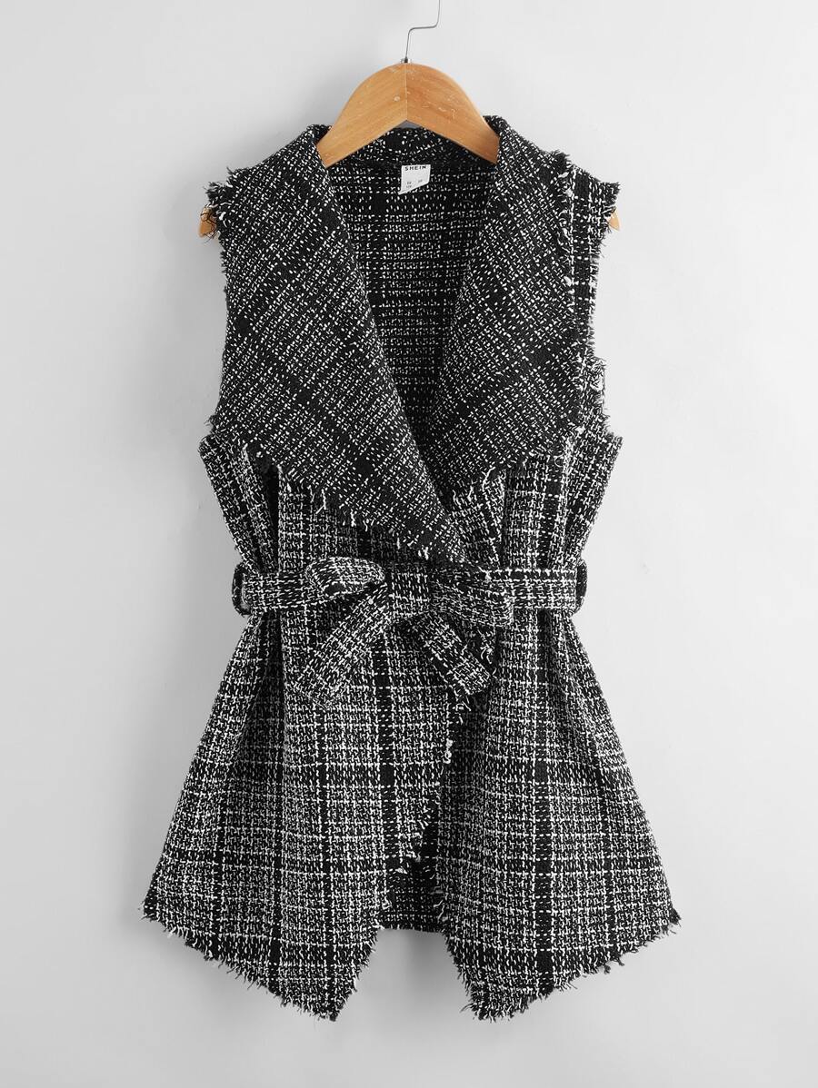 SHEIN 女孩大翻領腰帶粗花呢花呢外套 - 黑與白 - 查看 1