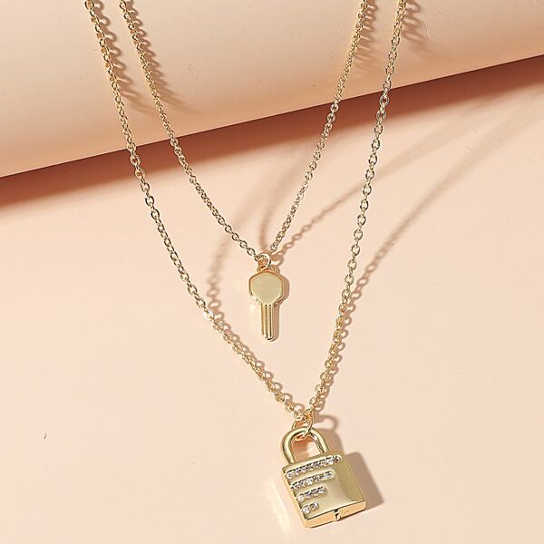 

Lock & Key Charm Layered Necklace, Gold