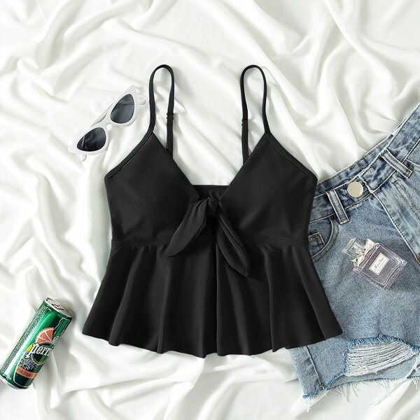 

Knot Front Ruffle Hem Tankini Top, Black