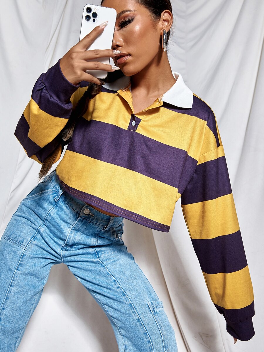 Sudadera corta de color combinado de cuello polo - Multicolor - Ver 1