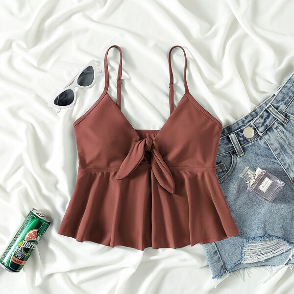 

Knot Front Ruffle Hem Tankini Top, Redwood