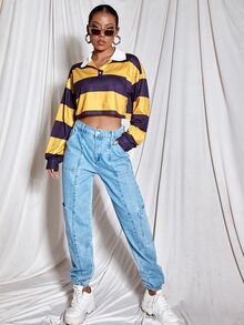 Sudadera corta de color combinado de cuello polo - Multicolor - Ver 3