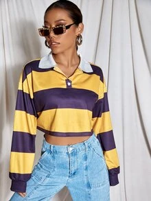 Sudadera corta de color combinado de cuello polo - Multicolor - Ver 4