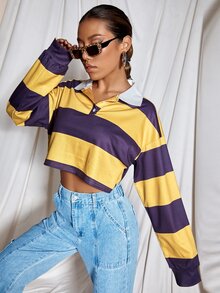 Sudadera corta de color combinado de cuello polo - Multicolor - Ver 5