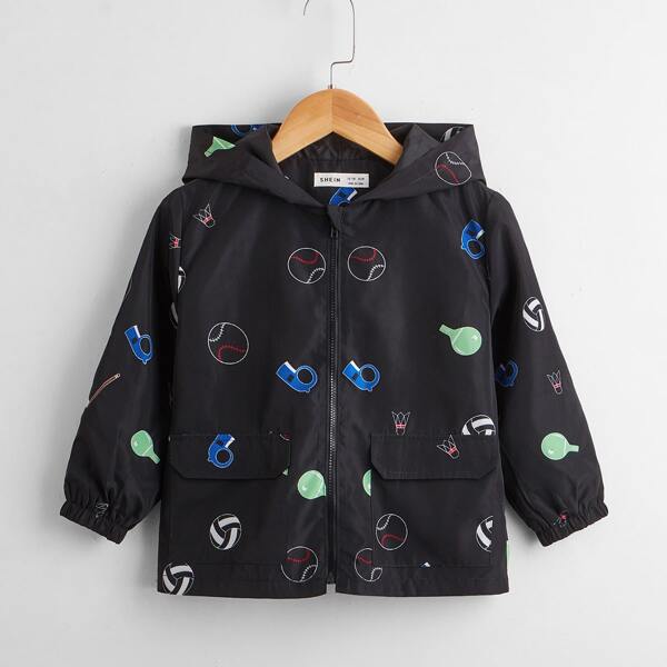 

Toddler Boys Graphic Print Zipper Placket Hooded Jacket, Black