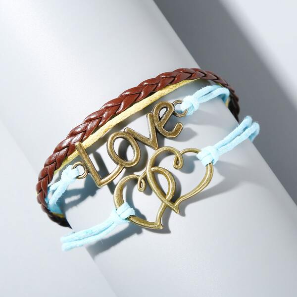 

Men Heart & Letter Decor Layered Bracelet, Multicolor