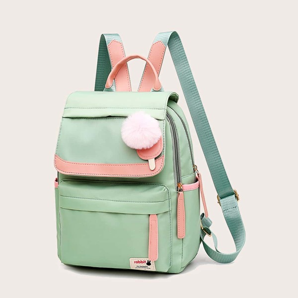 

Color Block Pattern Pom Pom Decor Backpack, Green