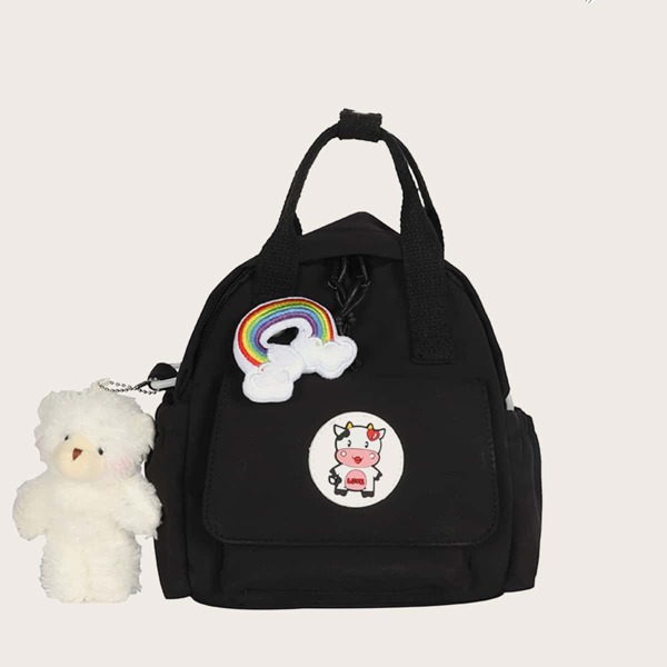 

Cartoon Decor Pocket Front Backpack, Black