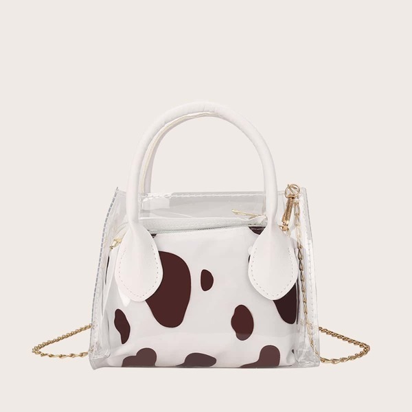 

Cow Pattern Chain Satchel Bag, White