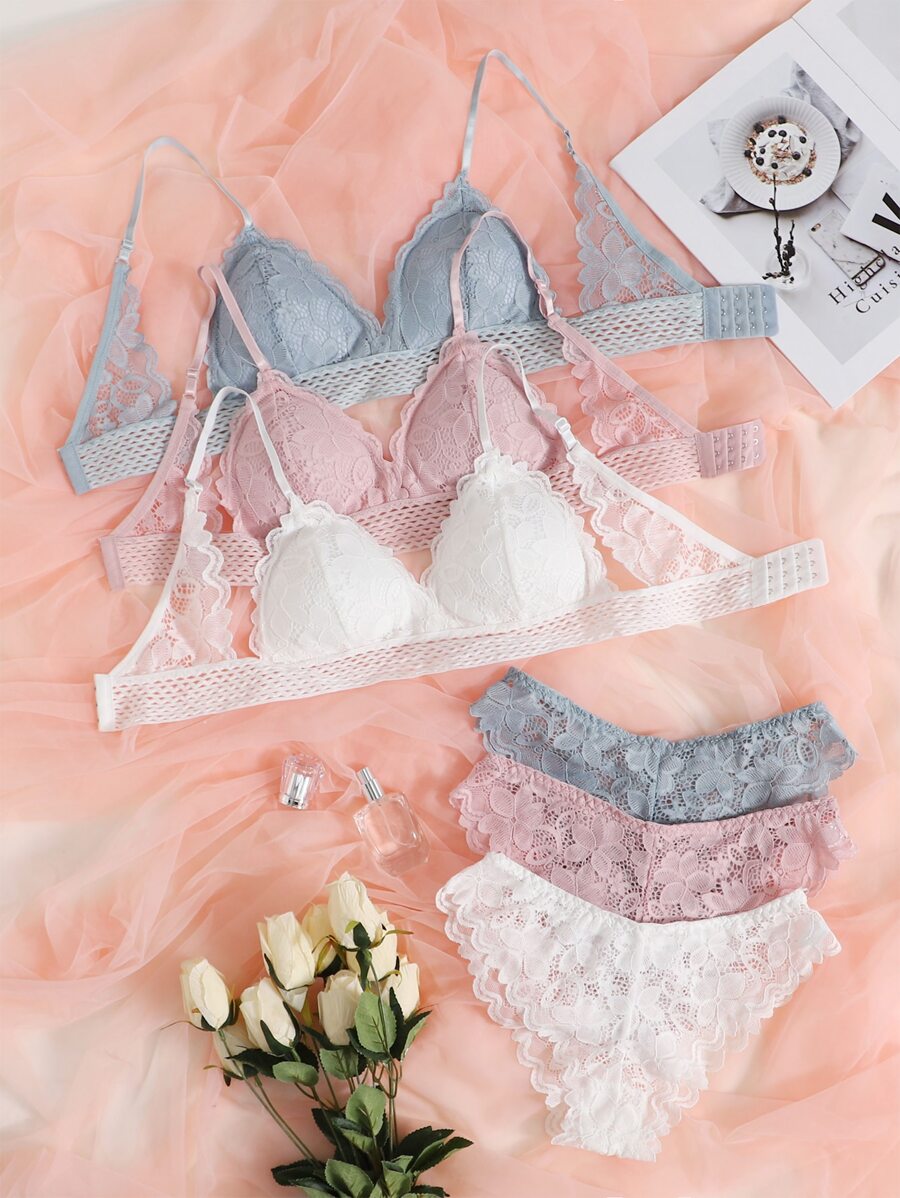 3sets Floral Lace Bra & Panty Lingerie Set