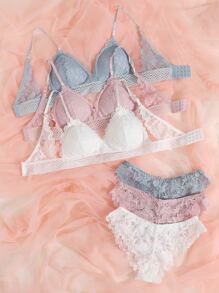 3sets Floral Lace Bra & Panty Lingerie Set